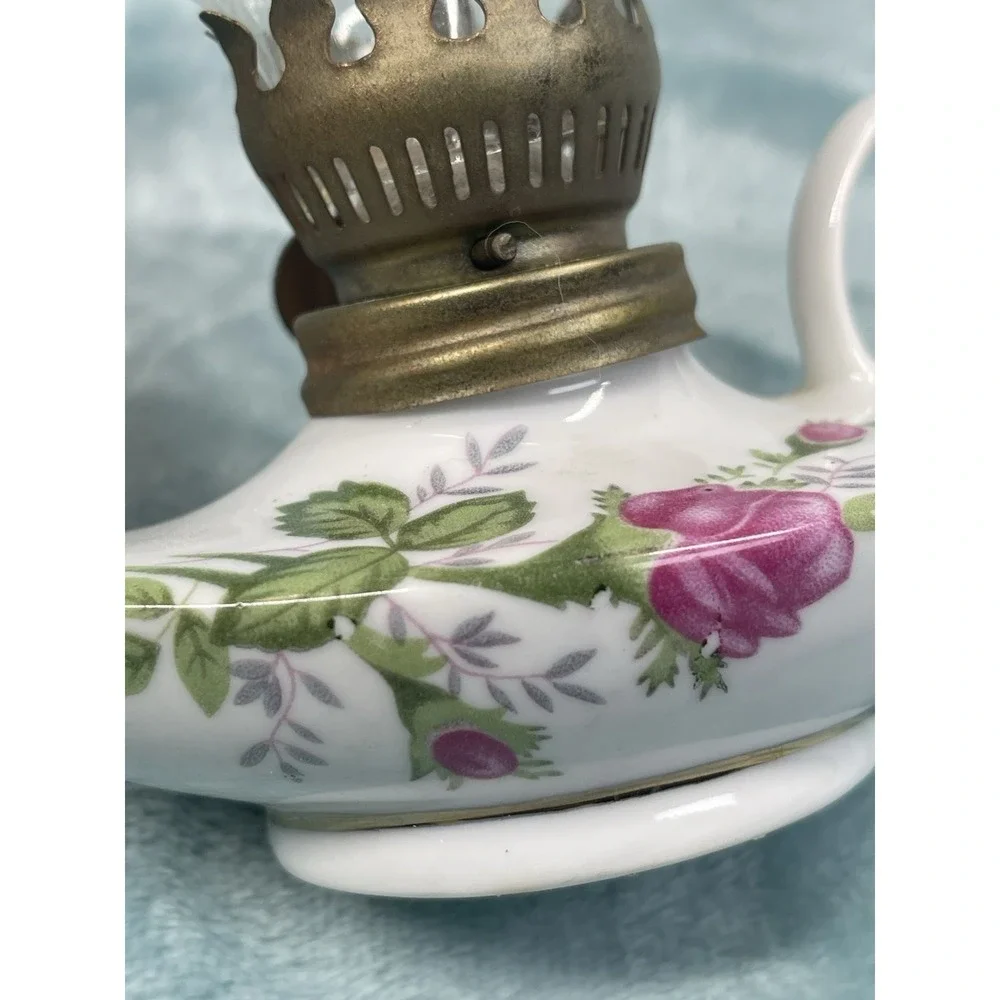 Vintage Mini Oil Lamp Porcelain Floral Finger Lamp Glass Chimney 6
